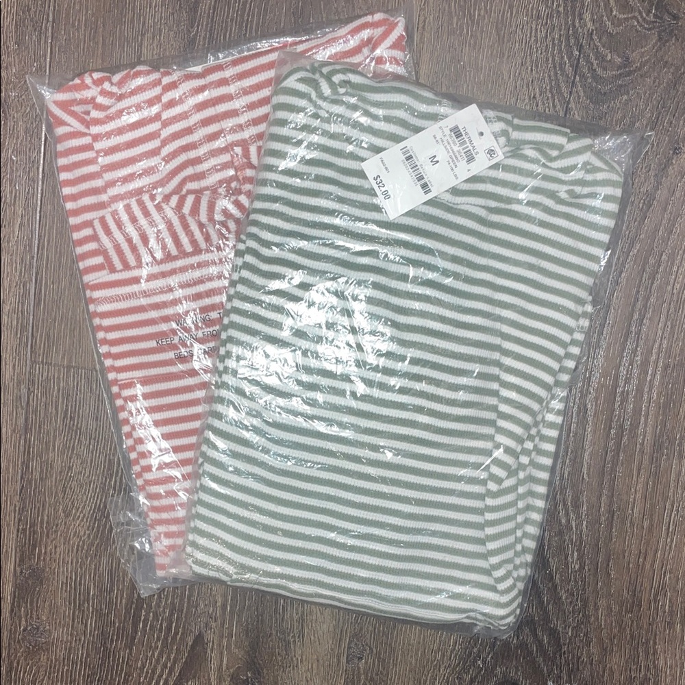2 Striped Long Sleeve Thermals- Green and Pink
